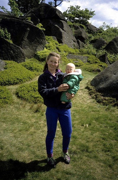 Alison with son Tom at Cratcliffe Tor.  © Steve Ainsthorpe