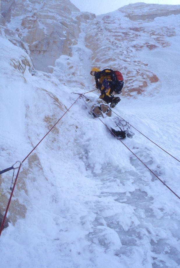 Andy on the descent. The ice ribbon above him was the line of ascent.  © Athol Whimp