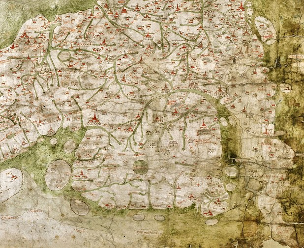 Gough map c1360. Not up to OS standard, and he probably didn't carry a compass. No wonder he took 9 weeks...  © Gough