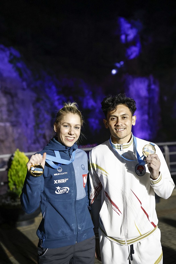 Speed winners: Ola Miroslaw and Veddriq Leonardo.  © Dimitris Tosidis/IFSC