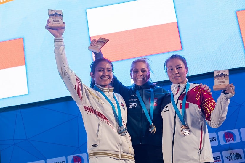 Women's Speed podium.  © Slobodan Miskovic/IFSC