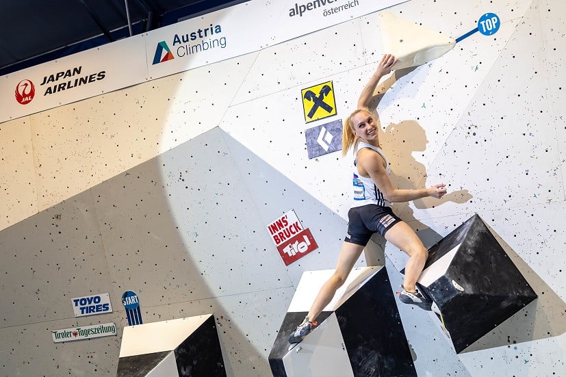 Janja Garnbret had an emotional finish in the Boulder event in Innsbruck.  © Jan Virt/IFSC