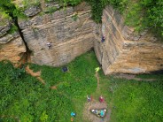 Overhead shot of climbers top-roping on Main Wall and Ivy Buttress faces