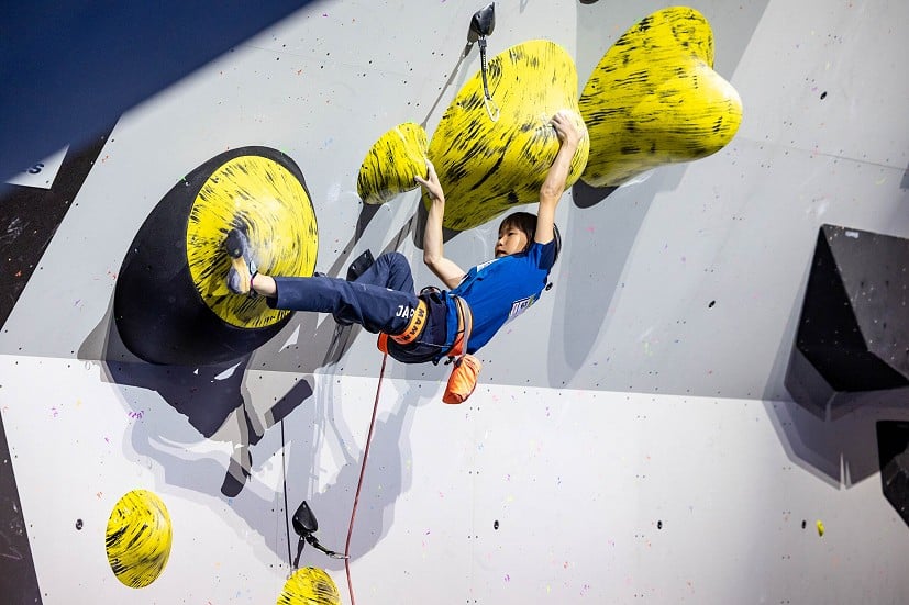 Ai Mori on the dual-tex 'Ghost' holds, on her way to a win.  © Jan Virt/IFSC