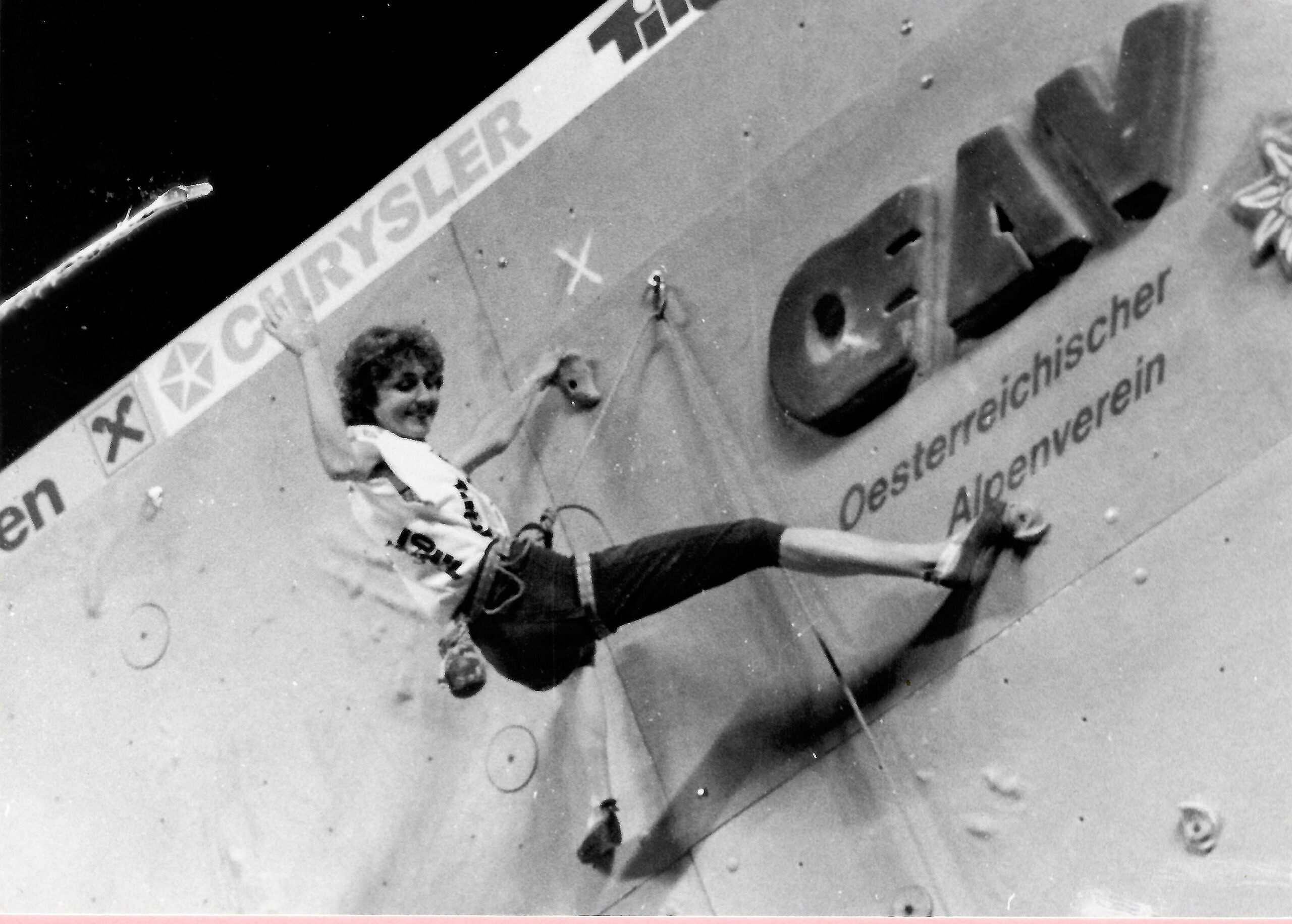 Susi Good tops a route at the World Championships in Innsbruck, Austria, in 1993.  © Max John, courtesy of Susi Good