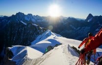 Defending the Aiguille du Midi Snow ridge in the sunrise