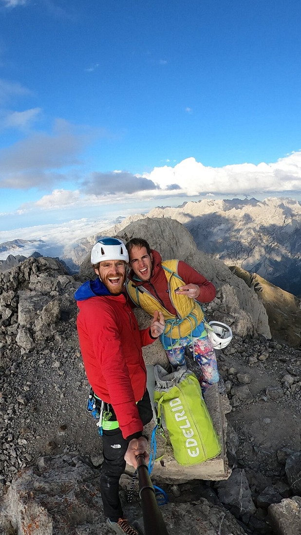 Siebe and Seb on the summit of Rayu 8c (600m).  © Siebe Vanhee