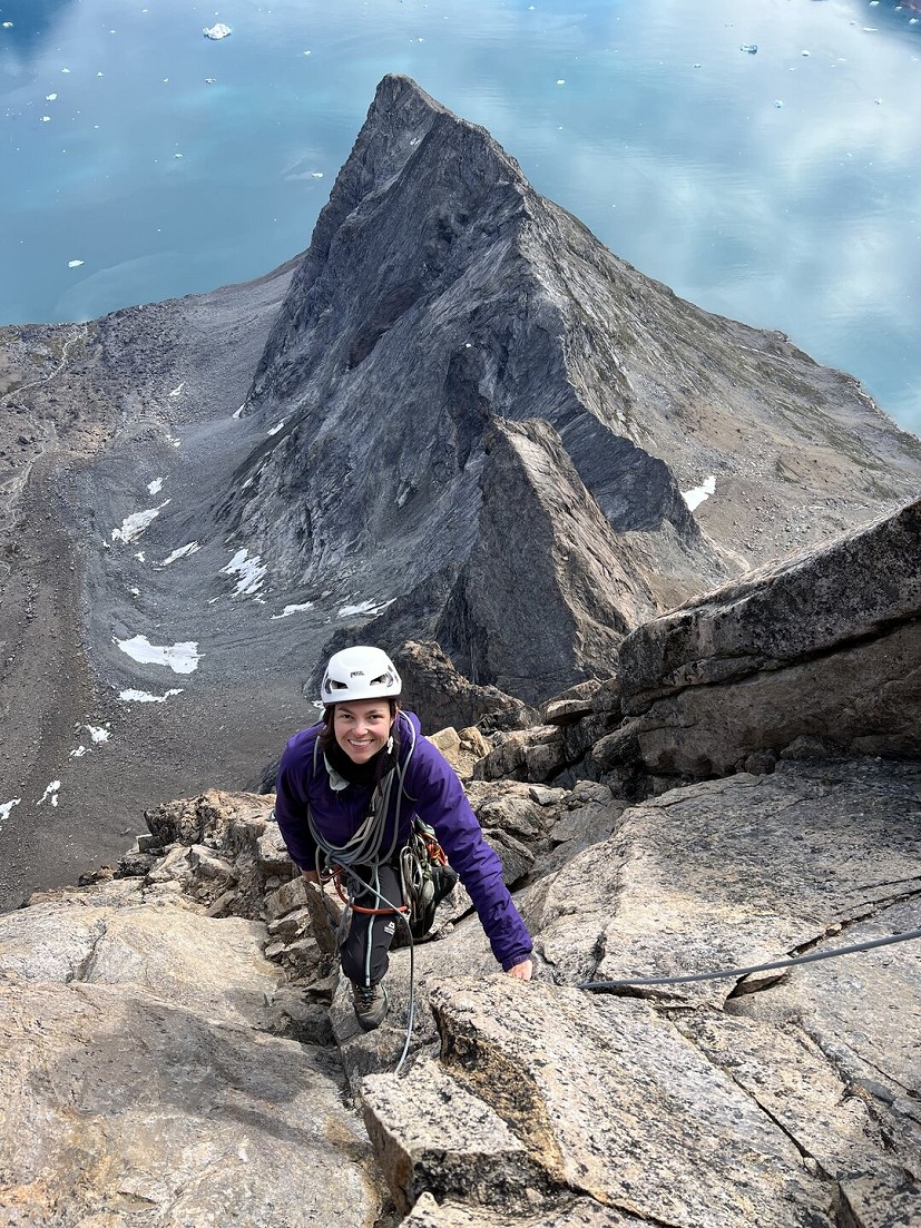 Michelle on the upper reaches of Father Tower.  © Fay Manners