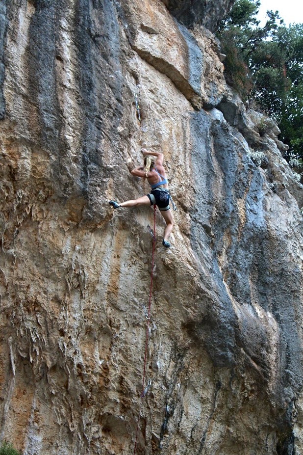 Jen up high on her hardest route to date  © Jen Wood