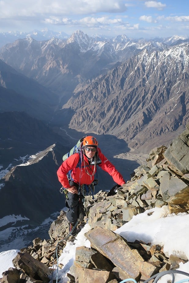 Mick Fowler nearing the summit snow slopes.  © Simon Yates