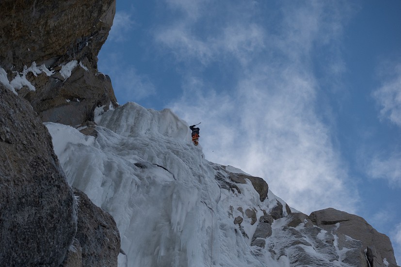 Getting pumped at around 6000m on steep ice.  © Tad McCrea