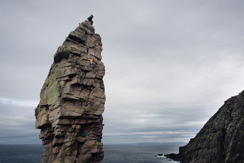 Crew filming on the Old Man of Stoer.  © Hamish Macleod