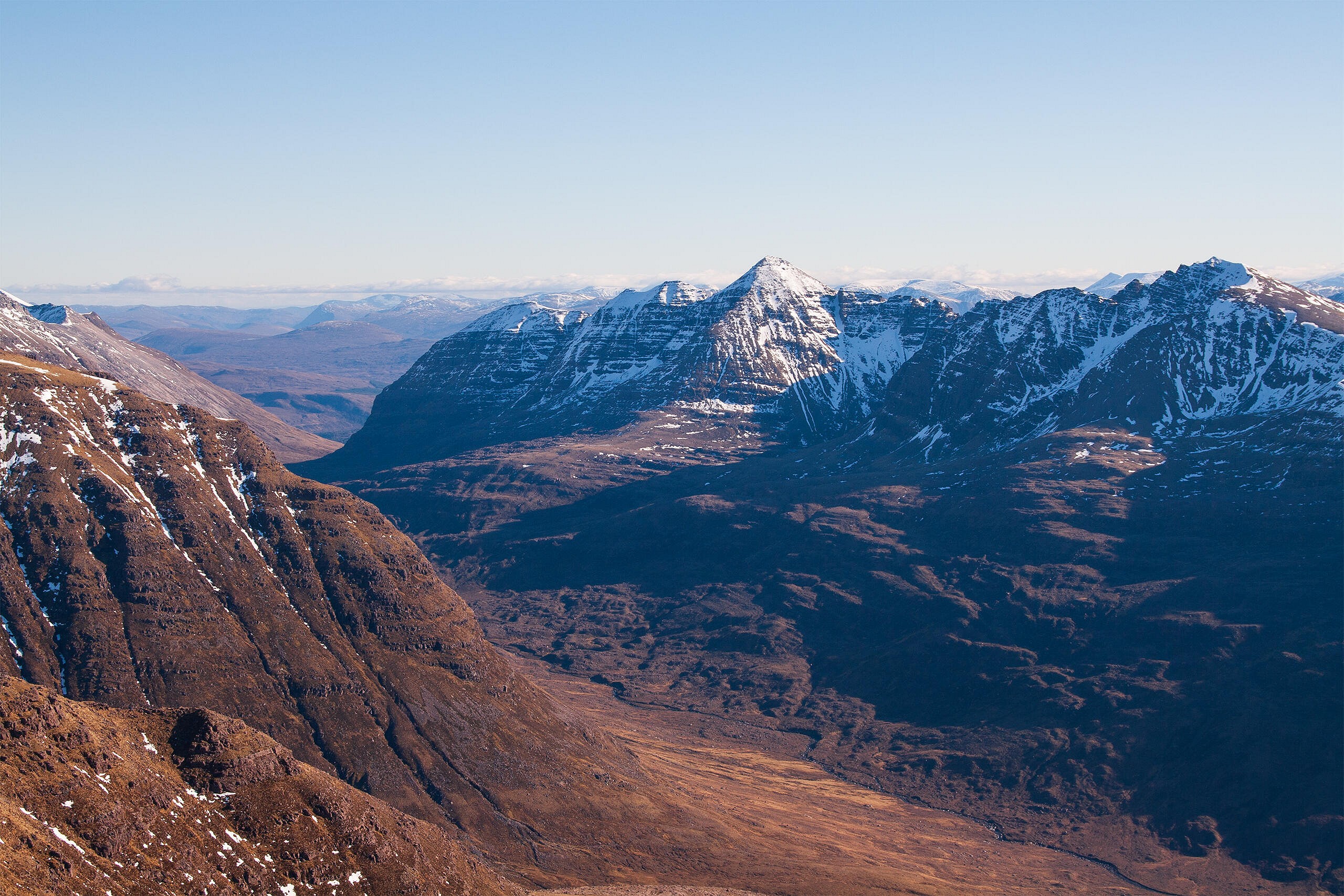 Beinn Dearg (left), Liathach (right), mobile phone mast (middle..?), access track (all the way up the glen..?)  © Dan Bailey