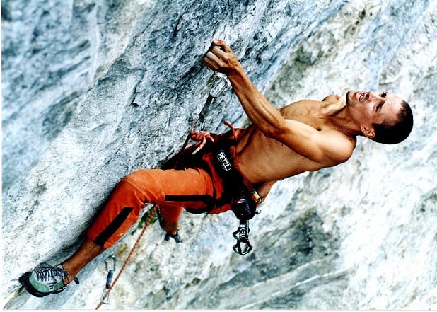 Vattis in Switzerland. Intense sport climbing on tiny edges! Perfect! 8a number 217.  © Aid Baxter