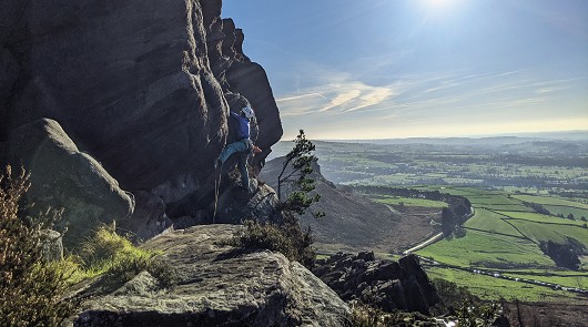 Becky high up on Jeffcoat's Buttress Variation  © Tom Waddy