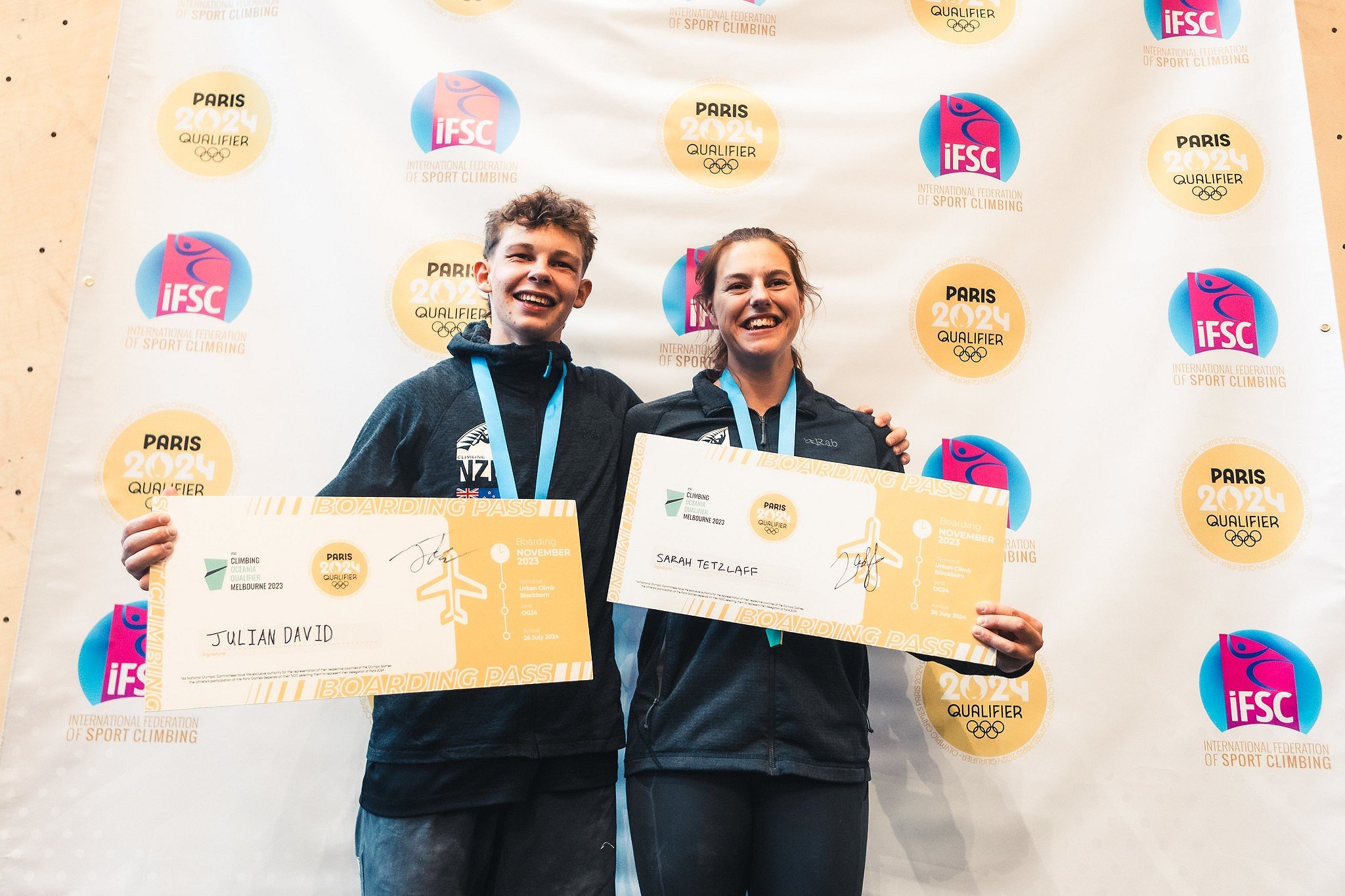 Speed athletes Julian David (NZL) and Sarah Tetzlaff (NZL) become New Zealand's first Sport Climbing Olympic athletes.  © IFSC