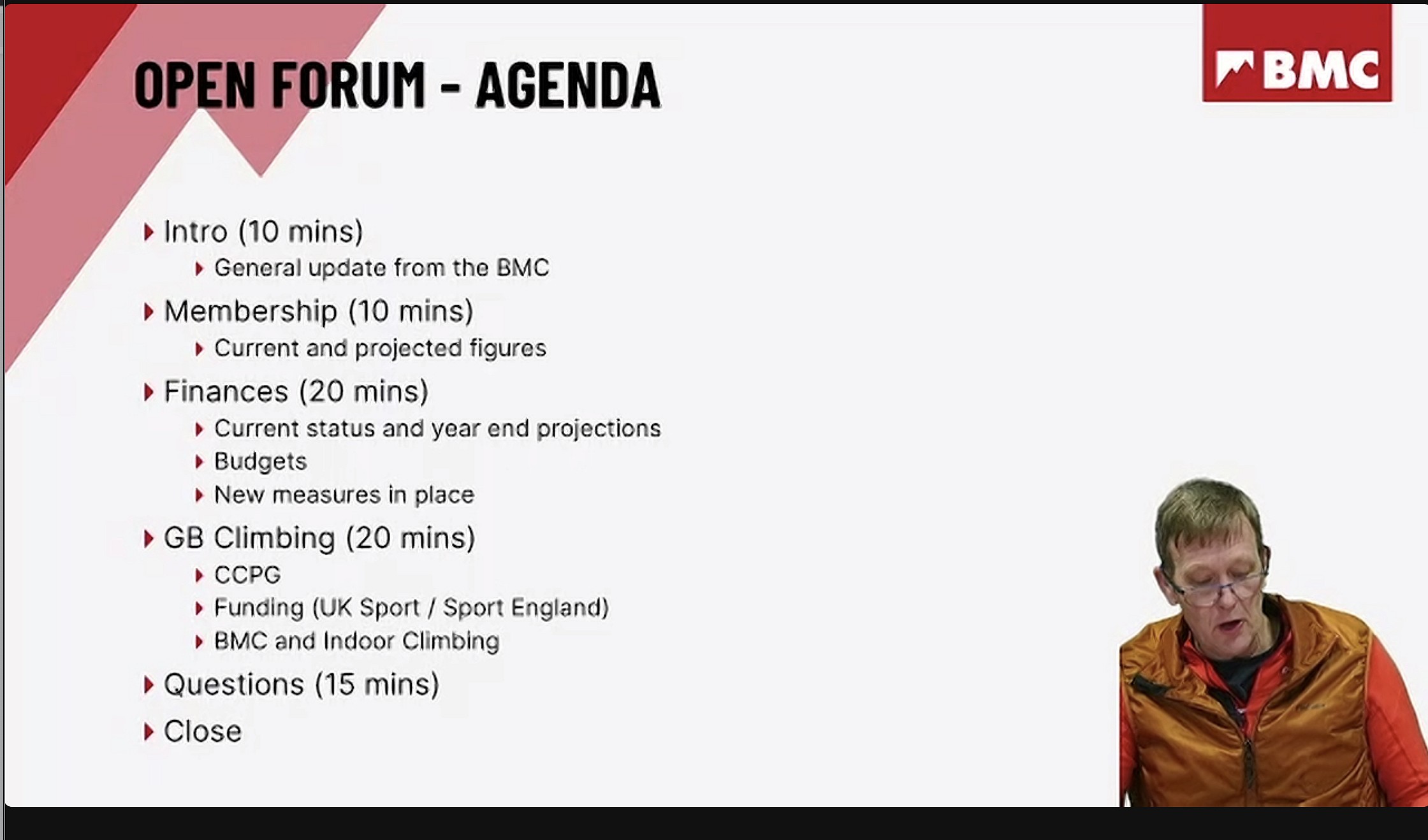 BMC Members Open Forum Webinar agenda.  © UKC News