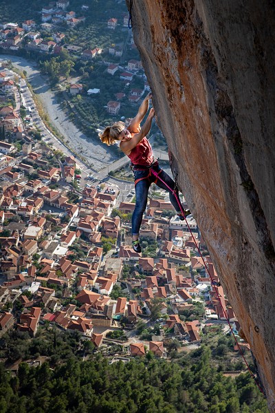 Hazel Findlay climbing in Leonidio.  © Angus Kille