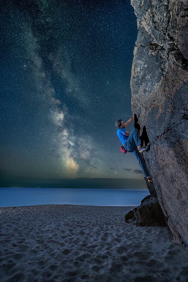 A composite image of yours truly bouldering at Pednvounder Beach one night in August 2022. All images taken in the same session  © Matt George https://www.mattgeorgephotography.co.uk/