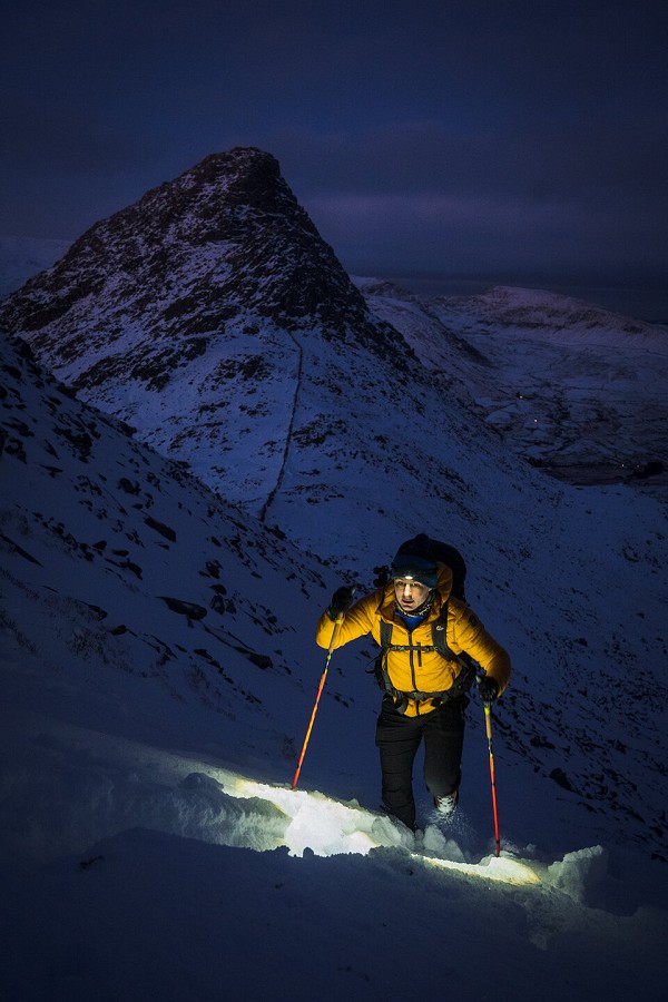 Trudging up through the deep powder with Tryfan as a backdrop.  © Jake Webb