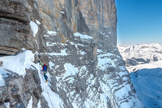 Rhys MacCallister approaching the Difficult Crack, the first difficulty on the Eiger.  © Luke Davies