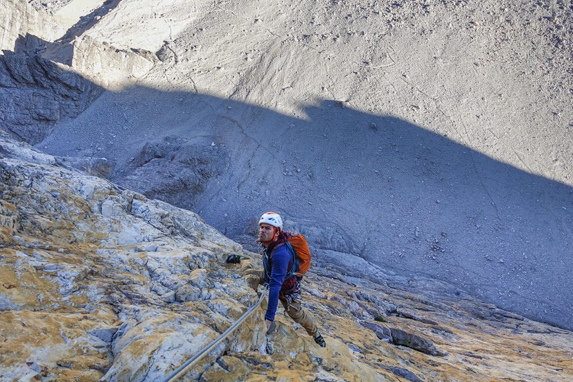 Feeling the exposure on some of the steeper pitches of the route.  © Luke Davies