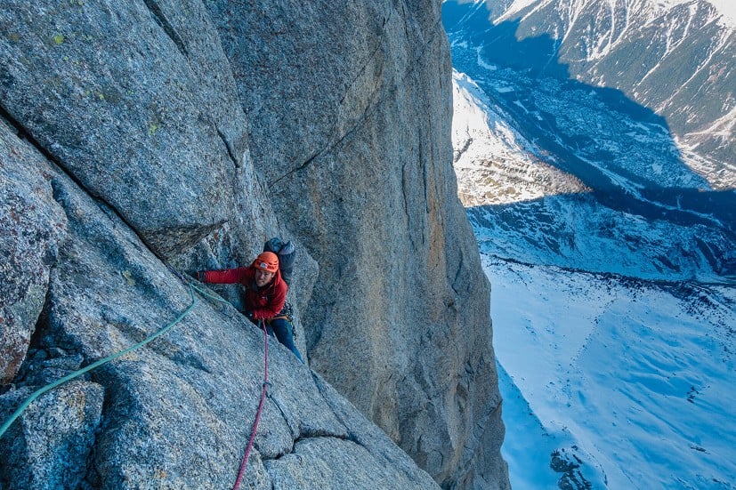 Tim Oliver coming up the Martinelli crack on a winter ascent of the Allain-Leninger.  © Luke Davies