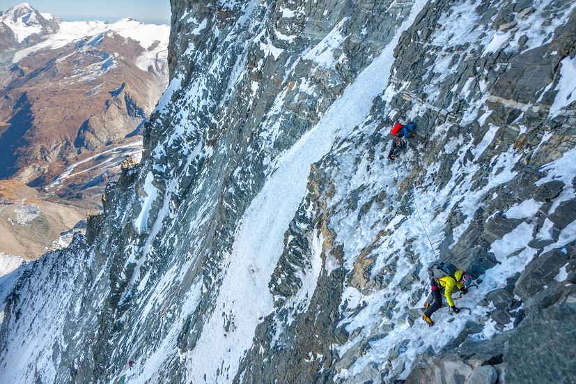 Tom Seccombe and Rich Manterfield traversing some friable mixed that is typical of the route.  © Luke Davies