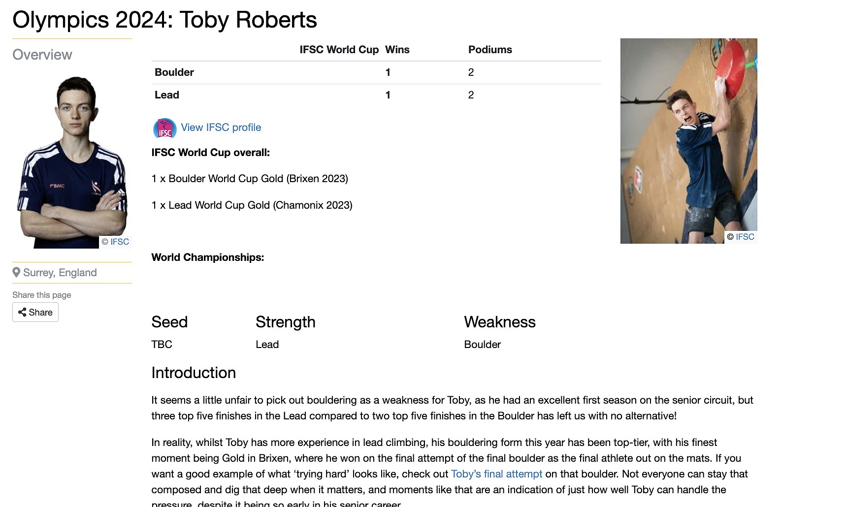 A section of Toby Roberts' profile.  © UKC News