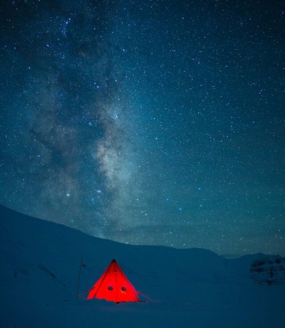 Pyramid tent under the Milky Way during a winter trip. Mount Bouvier Camp, Adelaide Island. Photo: Neil Brown  © Neil Brown