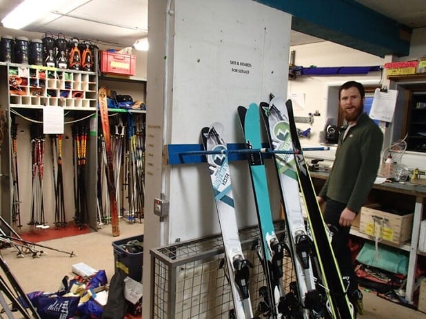 Fuchs House ski store with skis awaiting repair  © Tom Sylvester