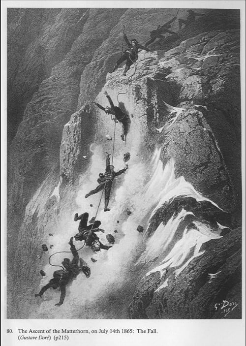 Accident on the Matterhorn by Gustave Dor&eacute, whose engraving was produced in consultation with Edward Whymper and closely follows Whymper's account  © Gustave Doré