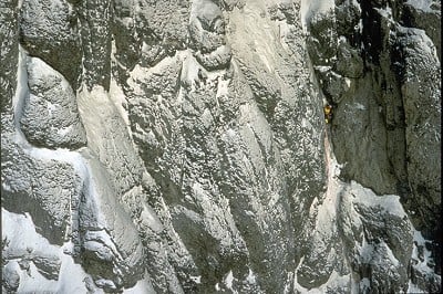 Catherine Destivelle solos the Eiger north face in winter.  © René Robert