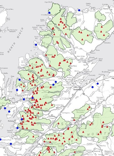 SRN Highlands map - Red: SRN masts; Green: Wild Land; Blue: 4G Infill masts  © David Craig