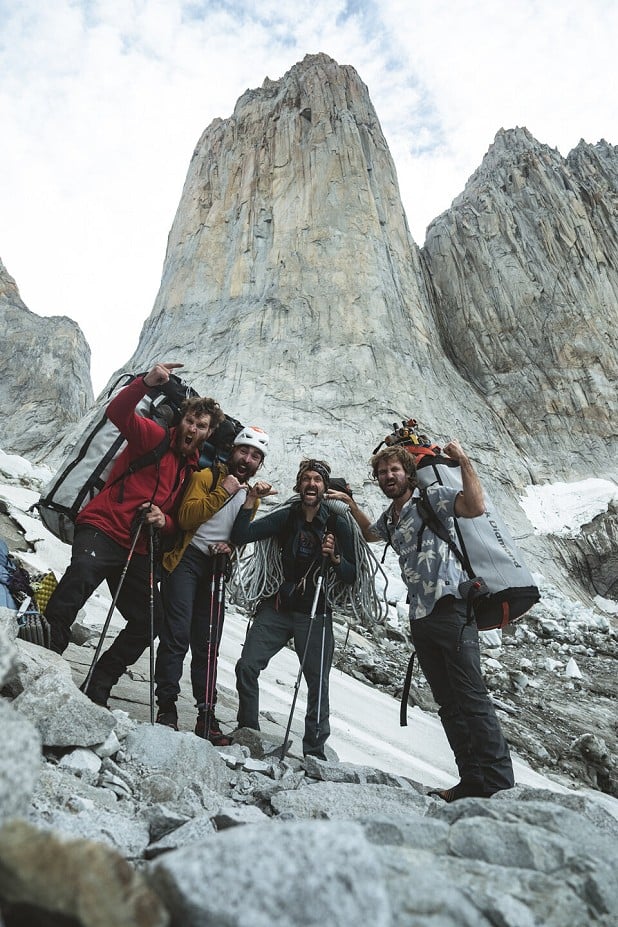 Triumph in Patagonia. Left to right: Siebe Vanhee, Sean Villanueva O’Driscoll, Nico Favresse, Drew Smith.  © Drew Smith