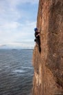 Chris trying out Blackman's Pinch on Trial Wall , Rhossili in the November cold.