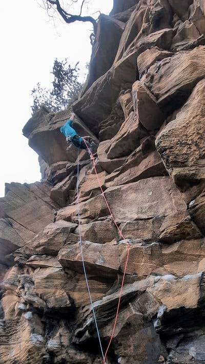 Why it's named Blue Lugs (E5 5c/6a) is interesting. Theo on a steep Jeff Lamb route at Armathwaite on cold Easter Monday.  © squarecow
