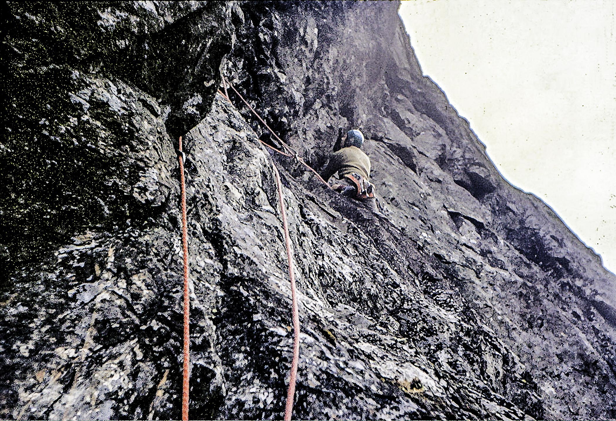 First ascent photo of Colin Read on crux pitch of Deimos Eagle Crag Buttermere October 1972. Photo by Johnny Adams   © Tony Marr