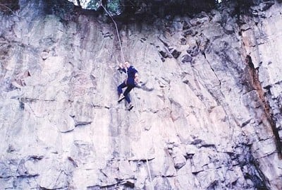 Cleaning a new route in a crappy quarry back in the day (1990?)   © Nathan Lenehan