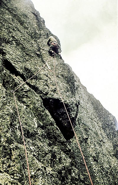 Colin Read making the 1st ascent of Incubus [pitch 1], East Buttress of Scafell. August 1972. Photo by Johnny Adams.   © Tony Marr