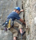 Dave Virden on the crux of The Gnome King (HS 4b) - my first trad lead! - at Goblin Combe, Avon