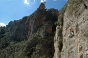 Michelle Mee climbing pitch 1 of The Master (5+) at Sa Gubia, Mallorca<br>© Alan James