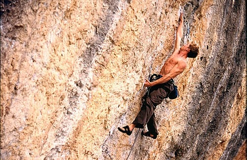 Ru Davies trying for the onsight on Anabolica - 8a, Siurana
