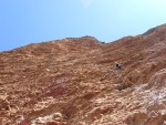 ChrisJD lost in a sea of Pudding Stones on the never ending overhanging 6b pitches on "Zulu Demente", Riglos