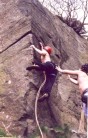 Me dyno'ing for the break on Fumf (VS 5a) - Rivelin