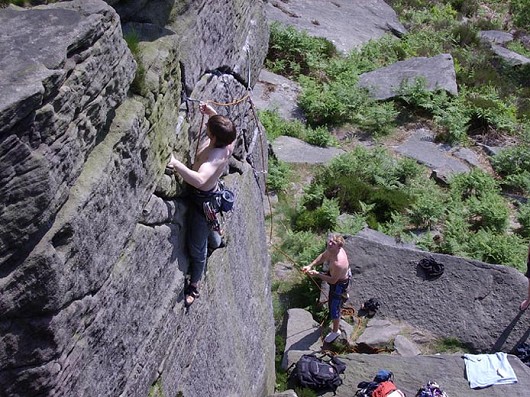 Andy on The Sole (HVS 5b) at Crookrise, Jay belaying, Veritys' right foot at right edge  © jamesHood