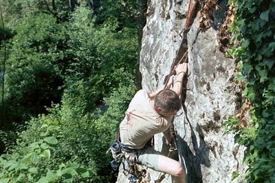 Sorting out the crux on the first ascent of Sting In The Tail, HVS 5a, Mells  © James Jackson