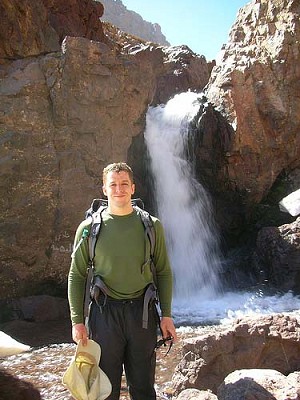 Al Davidson at the waterfall above the Refuge du Toubkal, Jbel Toubkal (4167m), Morocco May 2006.  © Al Davidson
