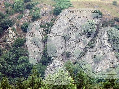 Pontesford Rock From Afar with Westmidland rock  guides sketch overlayed.