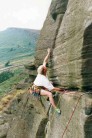 Bob Lawler reaches for it on Fern Groove (E3 5c), Stanage Plantation